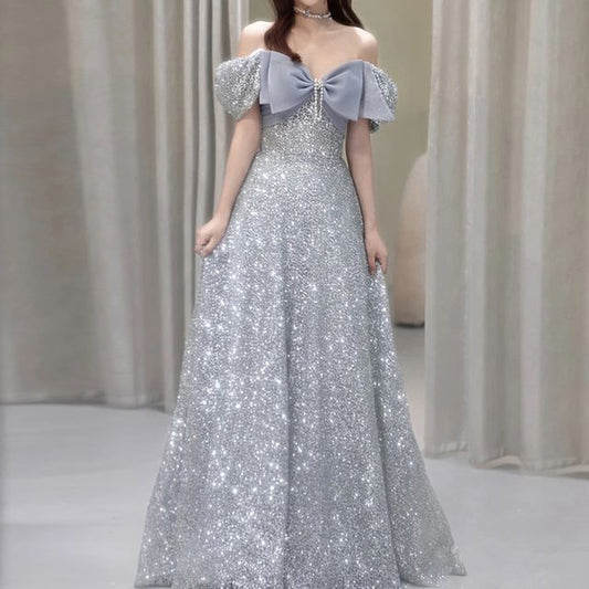 Short-Sleeve Off Shoulder Bow Glitter A-Line Evening Gown