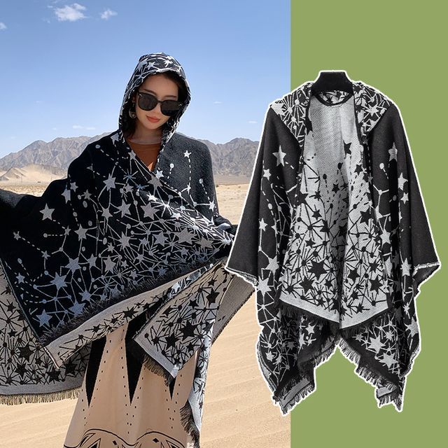 Print Fringed Hooded Cape