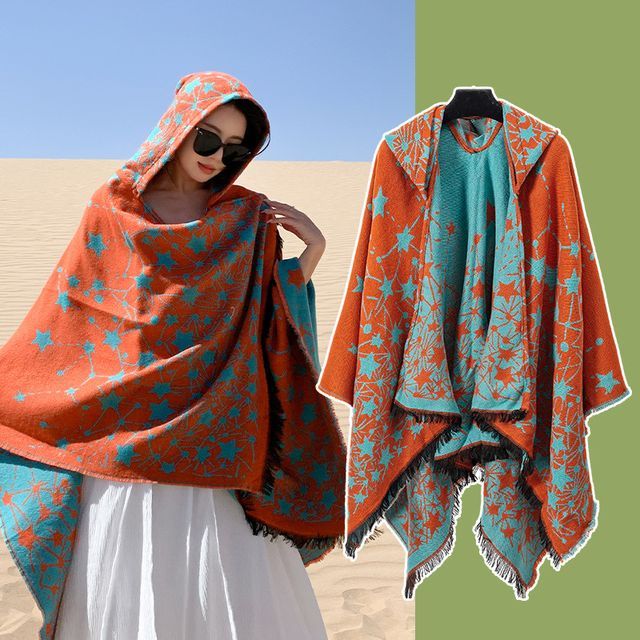 Print Fringed Hooded Cape