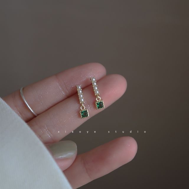 Pearl Earring Faux Rhinestone Square Drop Alloy