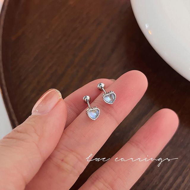 Silver Sterling Heart Barbell Moonstone Earring