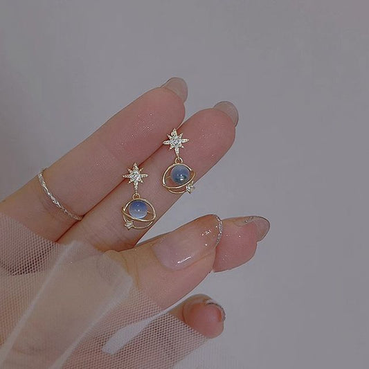 Earring Cat Rhinestone Planet Drop Faux Alloy Star Stone Eye