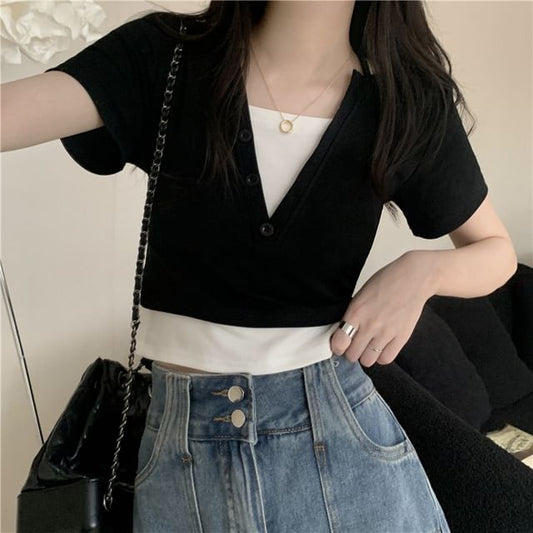 Two-Piece Mock Halter Short-Sleeve Top