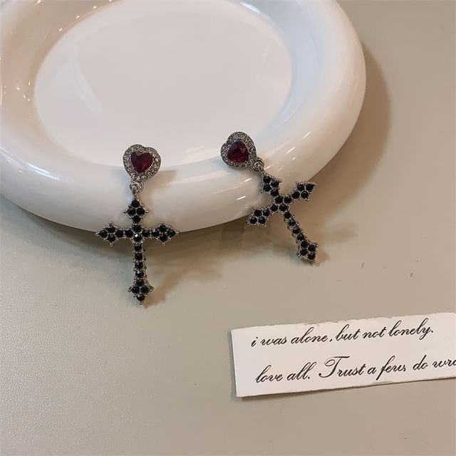 / Rhinestone Drop Pendant Cross Earring Choker Alloy Layered Heart