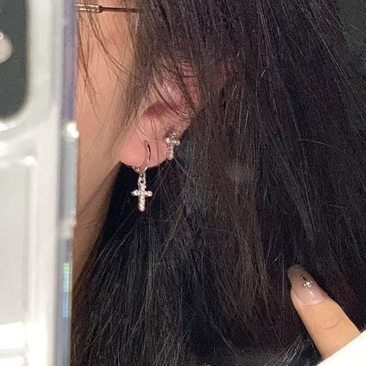 Rhinestone Earring Cross Asymmetrical Drop Alloy