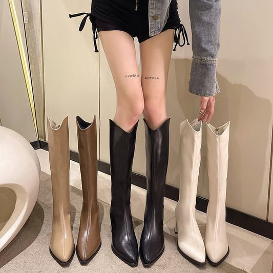 Faux Pointy Leather Heel Boots Chunky Tall