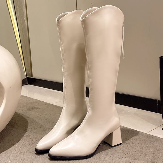 Faux Pointy Leather Heel Boots Chunky Tall