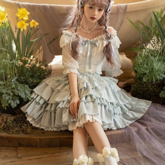 Lolita Short-Sleeve Cold Shoulder Bow Top / Mid Waist Mini Tiered Skirt / Set