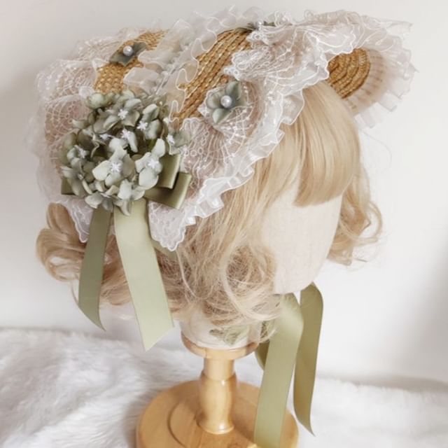 Chapeau de paille à bordure en dentelle Lolita