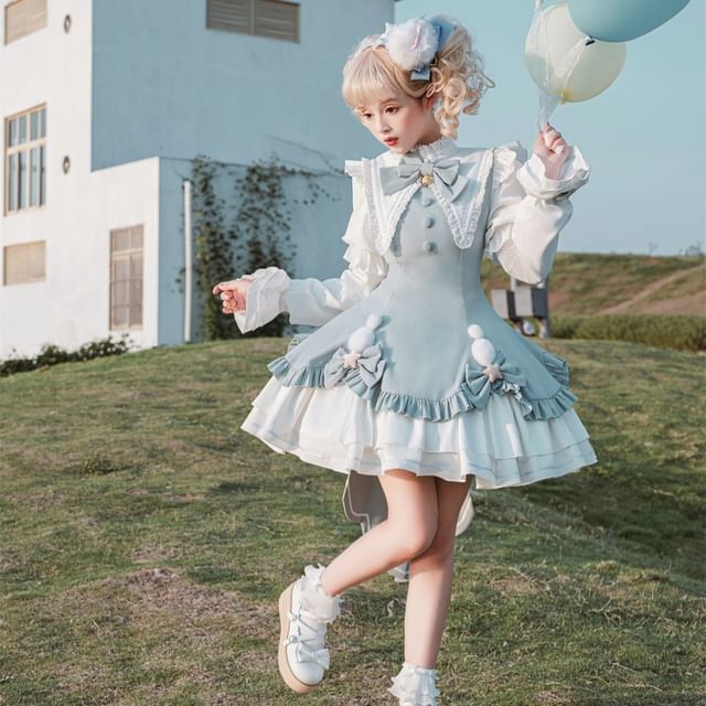 Robe trapèze mini à manches longues et col avec nœud en dentelle Lolita / Crinoline / Ensemble