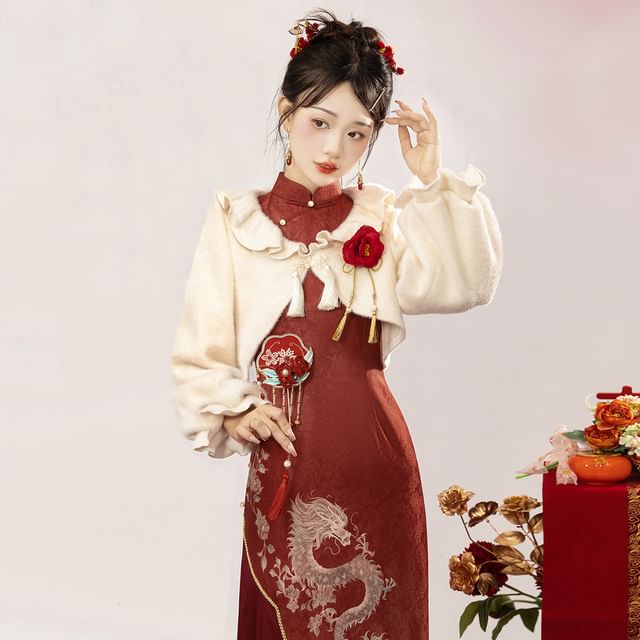 Ärmelloses Lolita-Midi-Qipao mit Drachenstickerei / kurze Jacke mit Rüschenbesatz / Set