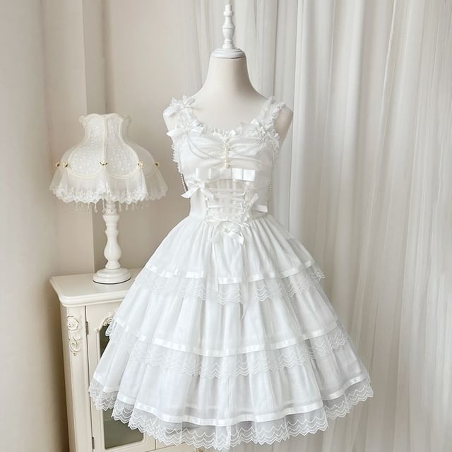 Lolita Spaghetti Strap V-Neck Ruffle Trim  Tiered A-Line Dress / Gloves / Set