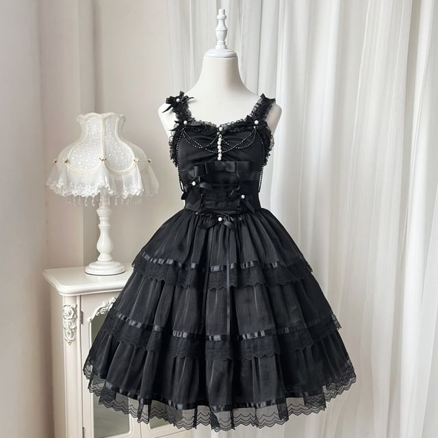 Lolita Spaghetti Strap V-Neck Ruffle Trim  Tiered A-Line Dress / Gloves / Set