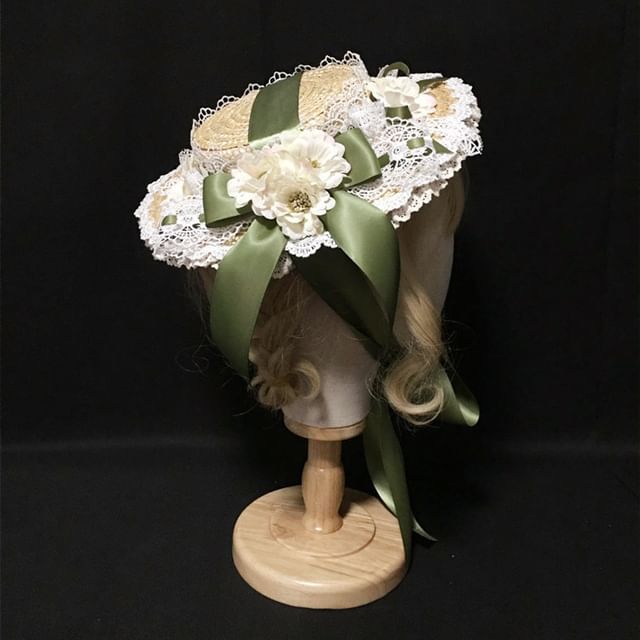 Chapeau de paille à bordure en dentelle Lolita