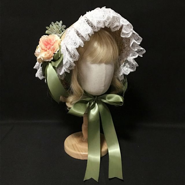 Chapeau de paille à bordure en dentelle Lolita