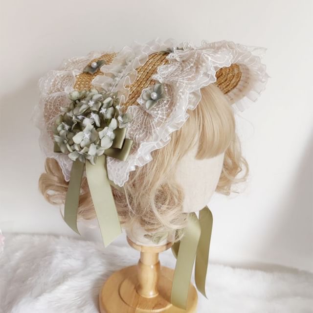 Chapeau de paille à bordure en dentelle Lolita