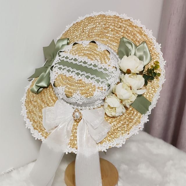 Chapeau de paille à bordure en dentelle Lolita