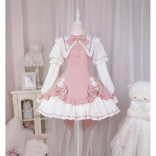 Robe trapèze mini à manches longues et col avec nœud en dentelle Lolita / Crinoline / Ensemble