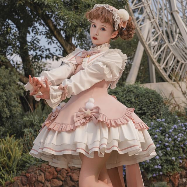 Robe trapèze mini à manches longues et col avec nœud en dentelle Lolita / Crinoline / Ensemble