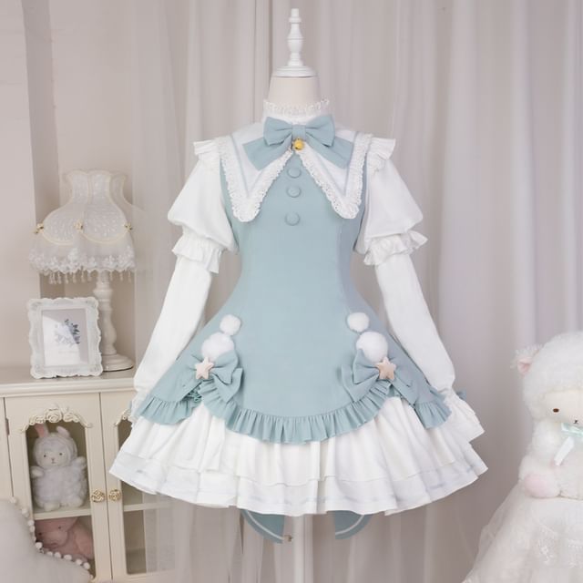 Robe trapèze mini à manches longues et col avec nœud en dentelle Lolita / Crinoline / Ensemble