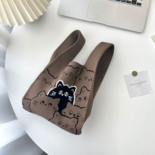 Knit Bag Tote Cat Print