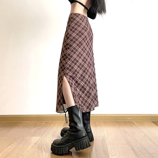 A-Line Waist Mid Skirt Midi Plaid