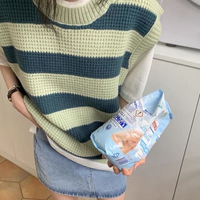 Striped Neck Vest Round Knit Sleeveless