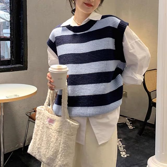 Striped Neck Vest Round Knit Sleeveless