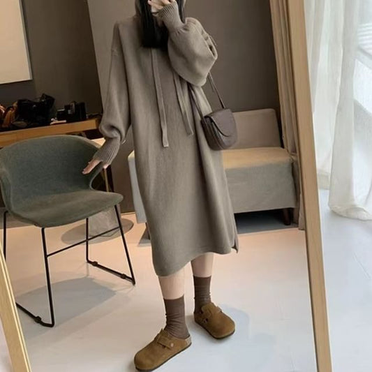 Long-Sleeve Knit Hoodie Dress Midi Plain