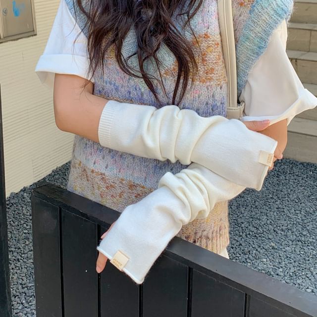 Fingerless Long Plain Knit Gloves