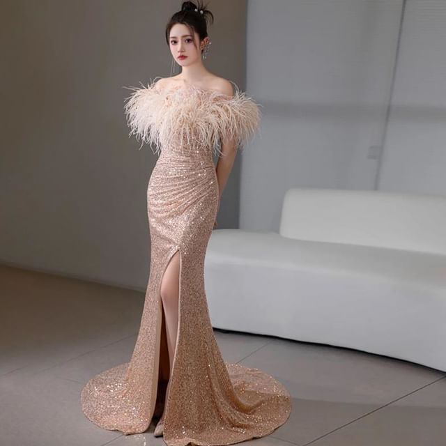 Short-Sleeve Off Shoulder Sequin Feather Trim Ruched Slit Trumpet Evening Gown