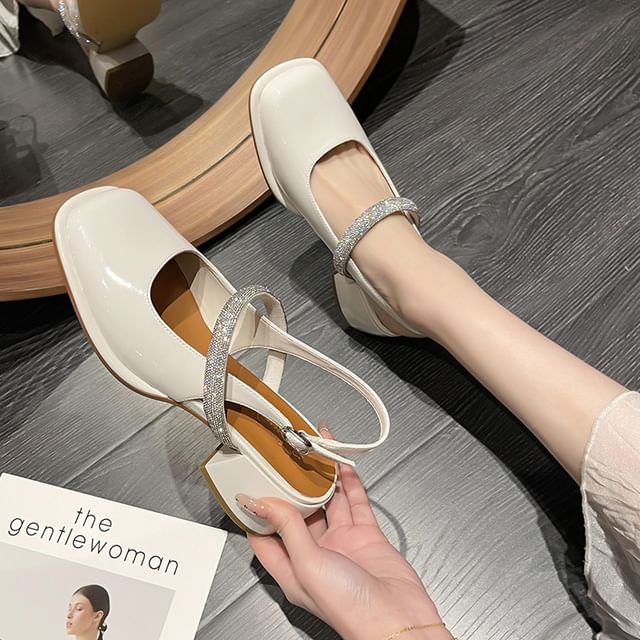 Mary Toe Block Rhinestone Slingback Pumps Jane Square Heel