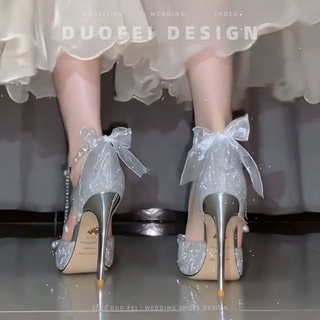 Glitter Bow Strap Sandals Pearl Stiletto Faux Ankle