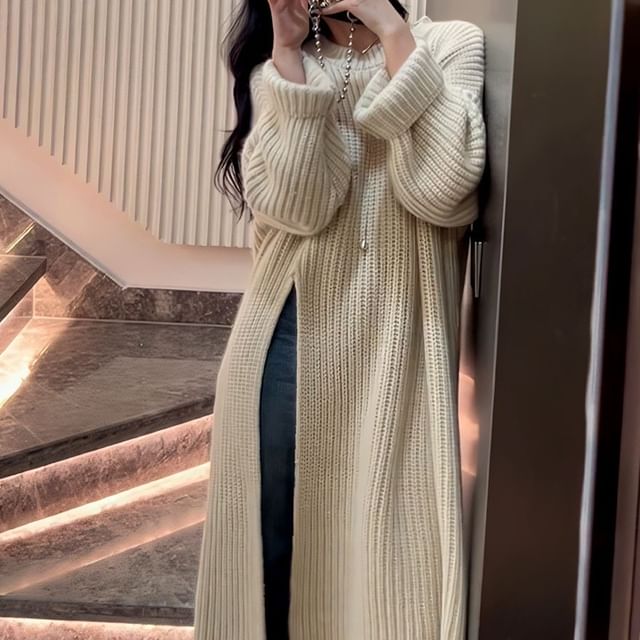 Crew Sweater Midi Plain Slit Neck Dress