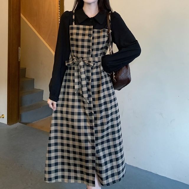 Midi Dress Long-Sleeve Plaid Mock Collared A-Line Two Piece