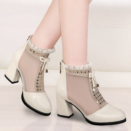 Trim Heel Pointed Lace Chunky Mesh Ankle Panel Boots