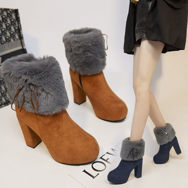 Heel Ankle Fluffy Trim Platform Boots Chunky