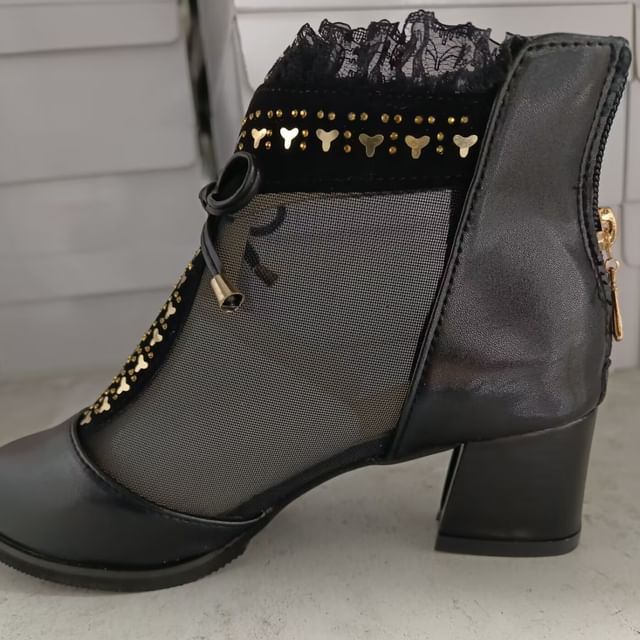 Trim Heel Pointed Lace Chunky Mesh Ankle Panel Boots