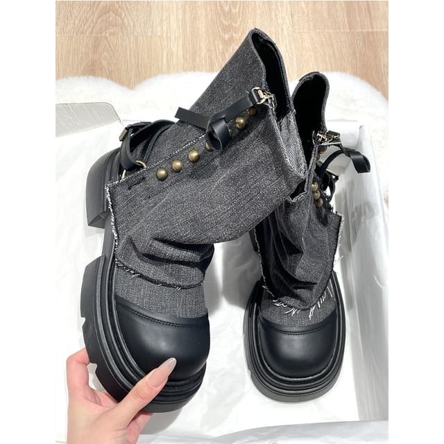 Platform Washed Denim Panel Short Boots