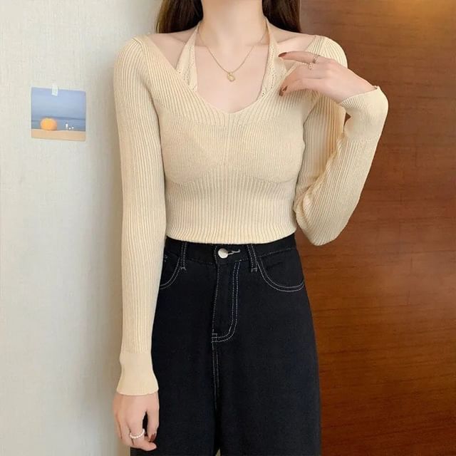 Neck Halter Fit Slim Top Ribbed Mock Plain Long-Sleeve Knit Two-Piece