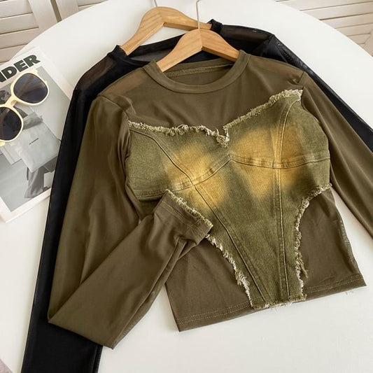 Langärmliges Rundhals-T-Shirt aus einfarbigem Denim mit Applikationen