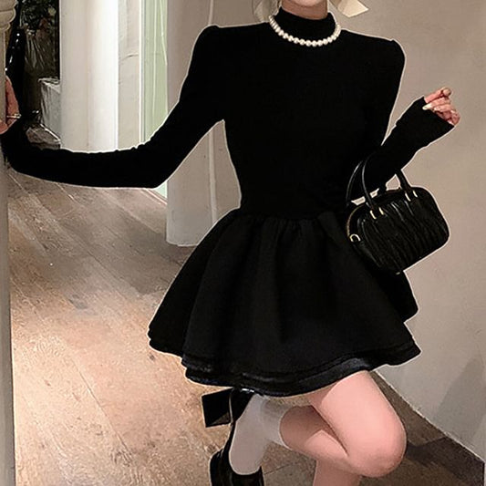 Plain A-Line Long-Sleeve Knit Mock Dress Layered Neck Mini