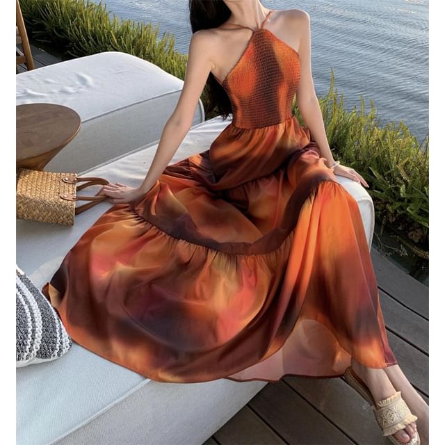 Back Smocked Halter Maxi A-Line Dye Tie Neck Open Dress