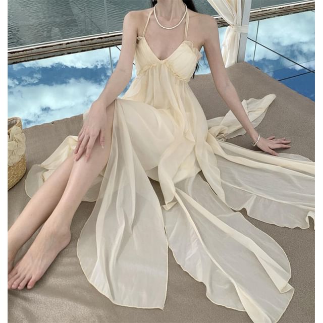 Trim Plain Dress Open Ruffle Asymmetrical Maxi A-Line Neck Frill Back Halter