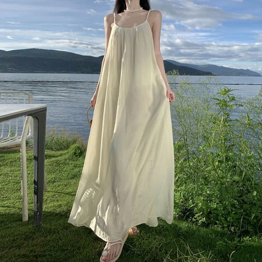 Plain Spaghetti Scoop Dress Maxi Back Open Strap A-Line Neck