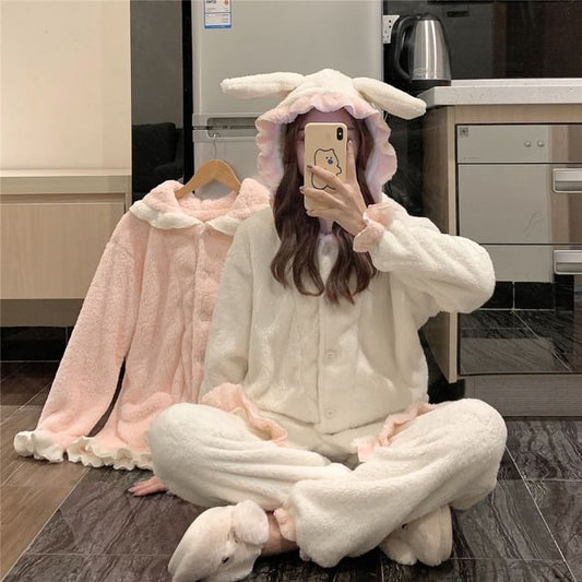 Pajama Set: Rabbit Ear Hooded Button-Up Top + Pants