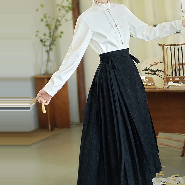 Band Collar Hanfu Top / Mid Rise Midi A-Line Skirt