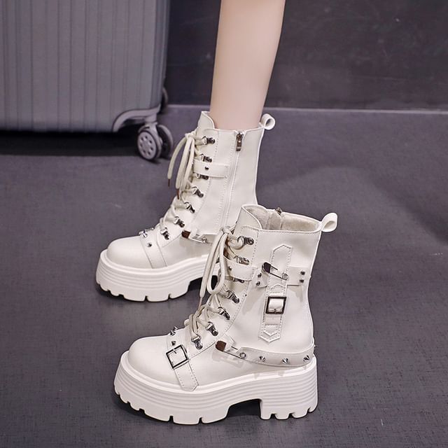 Leather Boots Heel Lace-Up Buckled Faux Chunky Short Platform