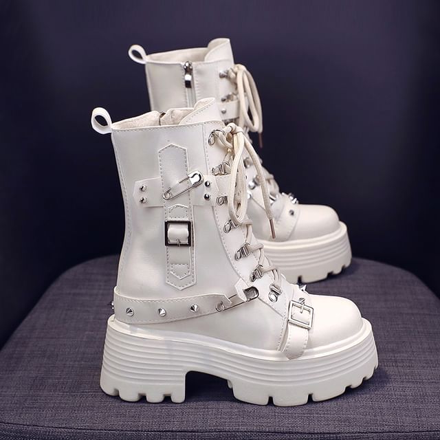 Leather Boots Heel Lace-Up Buckled Faux Chunky Short Platform