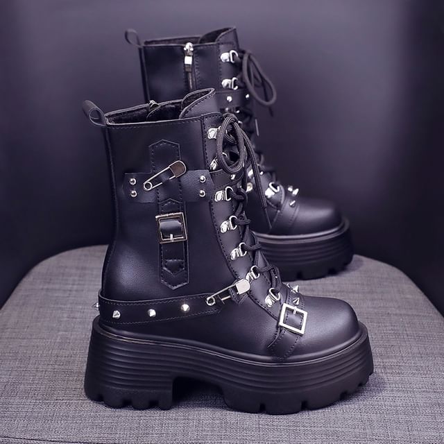 Leather Boots Heel Lace-Up Buckled Faux Chunky Short Platform